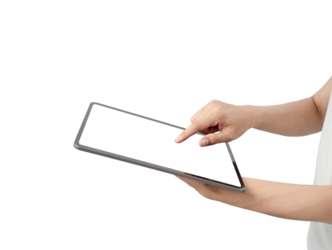 A person is holding a tablet and pointing at something on the screen