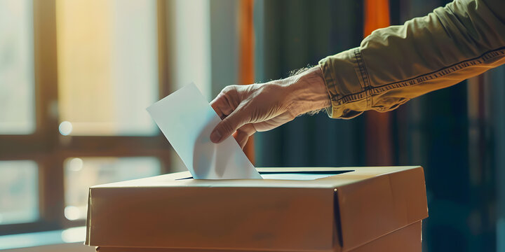 Mano de un hombre cauc&aacute;sico colocando un papel en una urna simulando una votaci&oacute;n democr&aacute;tica