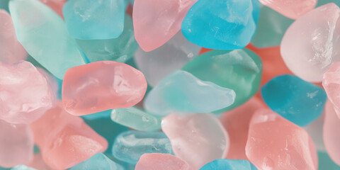 a close-up of mix of pastel turquoise and pink sea glass, semi-transparent and frosted