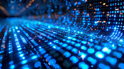 Full HD Portrait of Blue Digital Binary Data Streaming Across a Computer Screen, Futuristic High-Tech Background, Glowing Code, Canon EOS R5