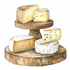 Assortment of artisanal cheeses on rustic wooden board. Soft brie, maasdam and aged cheddar. Watercolor illustration.