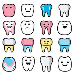 Cute cartoon teeth characters smiling, sad, braces, various emotions expressed. Dental health concept graphics, colorful tooth illustrations. Cartoon dentistry, joyful pained tooth expressions, oral