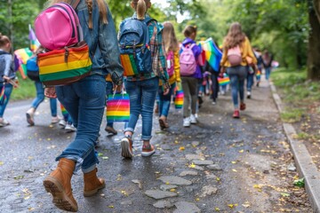 Participants walking in a pride parade with colorful attire and rainbow flags, celebrating unity, diversity, and inclusion in a lively and spirited event