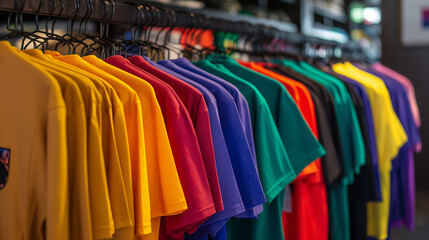 T-shirts in a range of vibrant colors on hangers in a boutique, showcasing the fine details of cotton fabric and stylish designs.