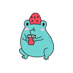 Cute kawaii frog hold drink with strawberry on white background. Reptile animal character cartoon design. Image for card, poster, baby clothing and stickers. Vector illustration.