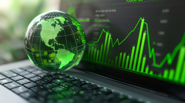 The laptop's keyboard holds a green globe, with stock graphs prominently displayed on the screen, showcasing a green business concept and the integration of carbon efficient techno