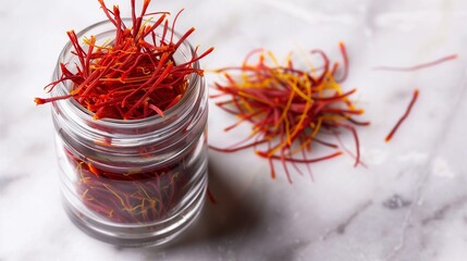 Naklejka premium A vibrant shot of fresh saffron threads in a small glass jar, with a few threads delicately laid out on a white marble surface.