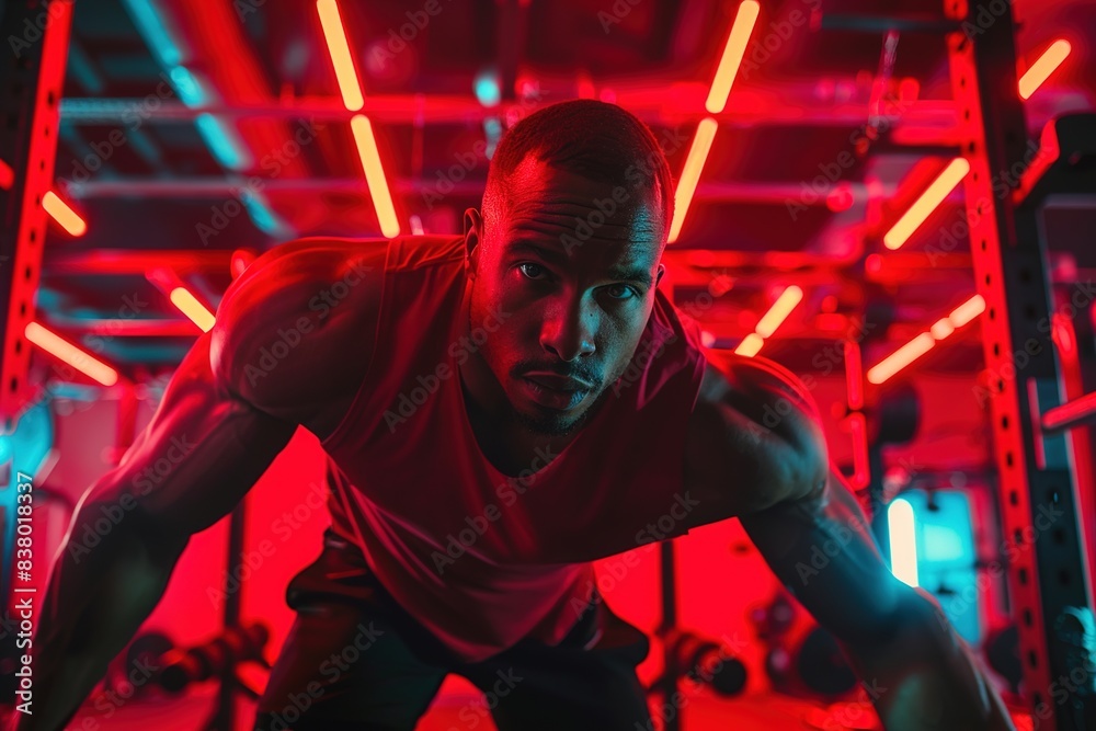 Poster Personal trainer providing motivation in a dynamic red-hued gym setting