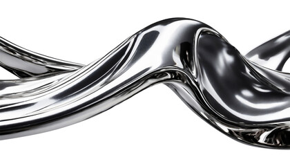 Abstract fluid metal bent form. Metallic shiny curved wave in motion. Cut out design element steel texture effect.
