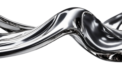 Abstract fluid metal bent form. Metallic shiny curved wave in motion. Cut out design element steel texture effect.