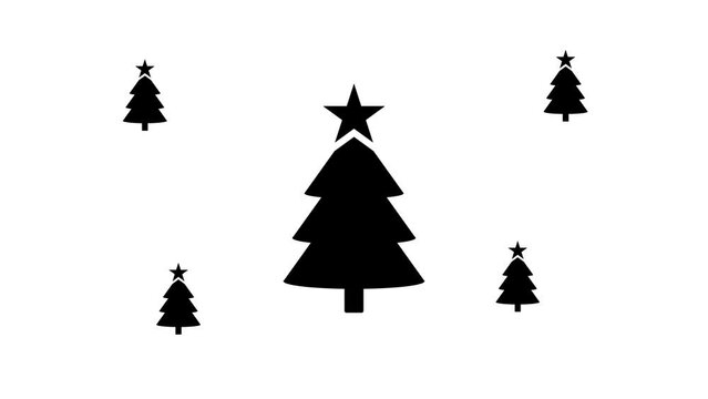 Zoom in and out animation the Christmas tree symbol. Large black symbol in the center and four small symbols around. Seamless looped 4k animation on white background
