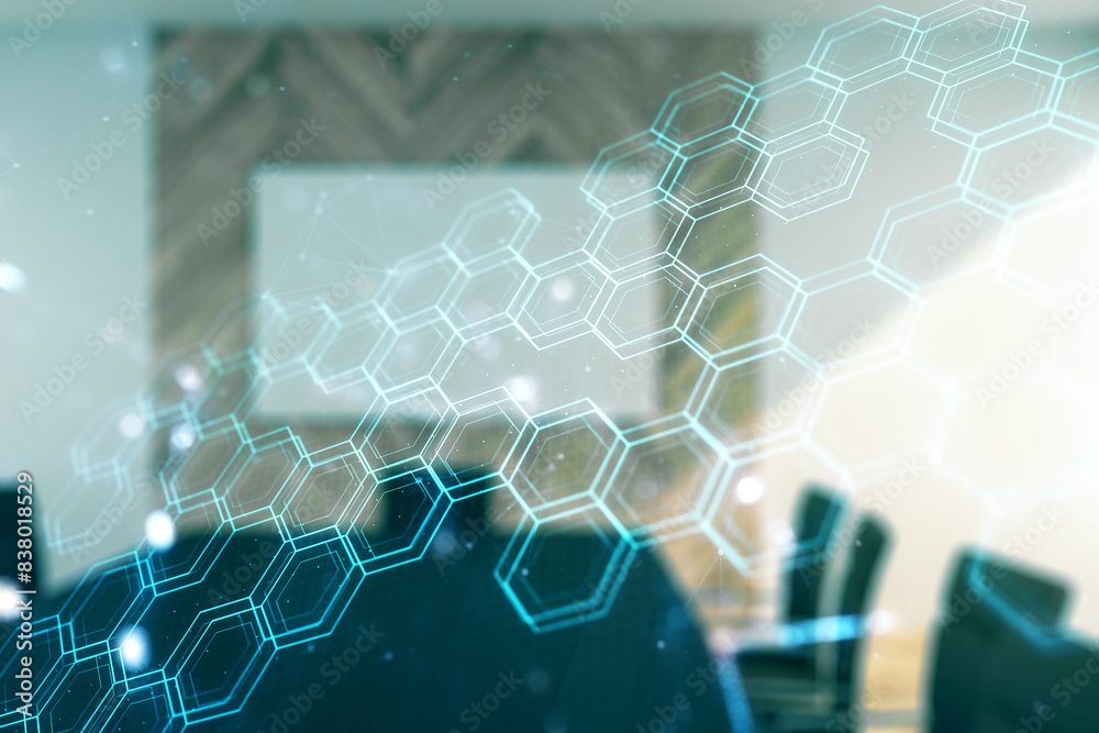 Aufkleber abstract virtual wireless technology hologram with hexagon on a modern coworking room background, ar