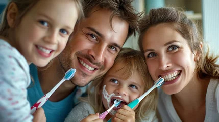 A family brushing their teeth together in the bathroom, promoting the significance of daily dental hygiene practices for all ages