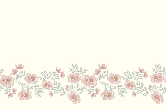 Minimal Flower border pattern seamless vintage pink wild rose design embroidery texture vector with copy space
