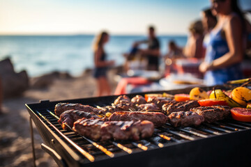 People having nice rest at the beach summer beautiful day weekend vacation time Generative AI picture