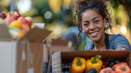 Fototapeta premium Portrait of a Black Latina Female Volunteer Preparing Free Food Delivery for Low Income People.