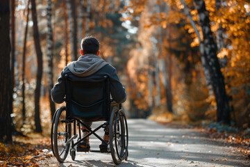 Generated by AI illustration of disabled man woman person using wheelchair on city nature park outdoors disability insurance