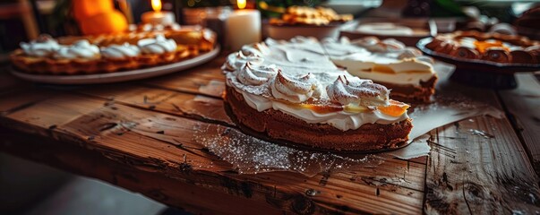 Delicious homemade pies and tarts on a rustic wooden table, with whipped cream toppings and a cozy, inviting atmosphere.