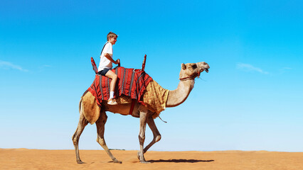 Desert, Teenager rider mounted brown Camel travel around desert. Decorated saddle. Man upon...