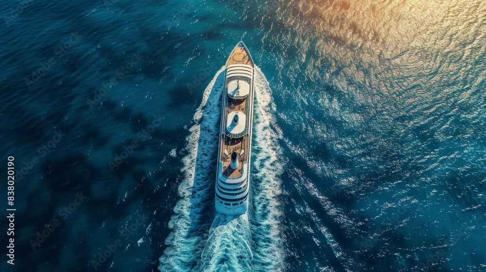 Wall mural aerial view of a a big cruise boat sailing on the sea in summer