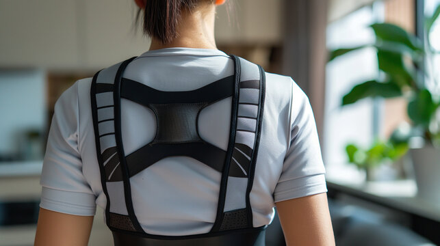 Posture Correction Devices: A person wearing a posture corrector that vibrates to alert them when they slouch, promoting better posture and spinal health with wearable technology