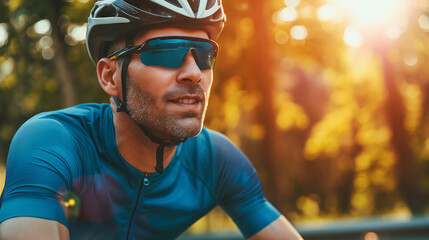 Sun Protection for Athletes: A cyclist wearing UV-protective clothing and sunglasses while riding outdoors, prioritizing sun protection during outdoor sports and activities
