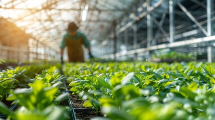 agriculture worker inside an  interior of a large industrial greenhouse