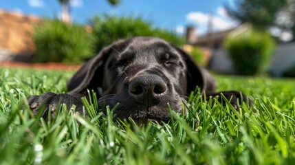 an adorable dark brown hound and black lab puppy lying down in a grass