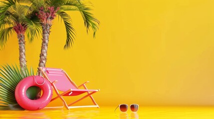 3D Summer travel concept with inflatable ring, folding chair, sunglasses and palm trees against tropical yellow background 