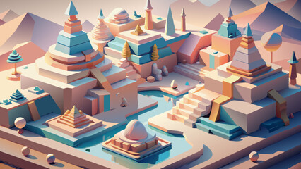 Enchanting Low Poly Style Winter Village Illustration