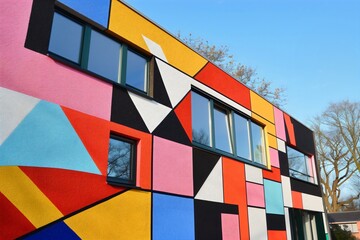 Obraz premium Vibrant geometric mural transforms city building facade with bold colors, contemporary art