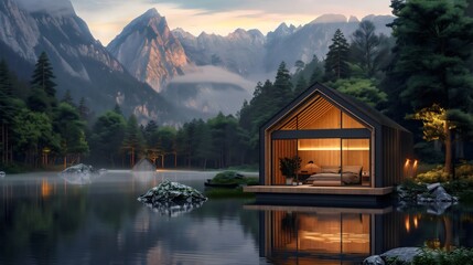 Fototapeta premium Secluded modern cabin nestled among majestic mountain peaks blending with nature, copy space