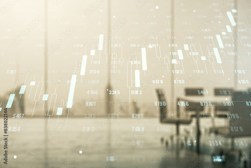 Poster multi exposure of abstract virtual graphic data spreadsheet sketch on a modern furnished classroom b