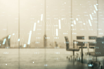 Multi exposure of abstract virtual graphic data spreadsheet sketch on a modern furnished classroom background, analytics and analysis concept