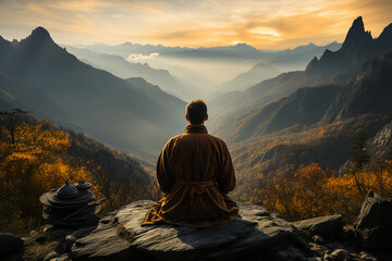 Obraz premium Created with generative AI image rear view of person finding inner peace meditating in mountains early morning