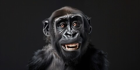 Portrait of a smiling happy gorilla, photo studio set up with key light, isolated with black background and copy space