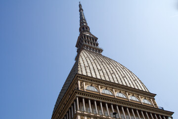TURIN, ITALY - SEP 14, 2019: The Mole Antonelliana is a landmark of the Italian city of Turin. The pavilion-like building with its high, strongly tapering tower was built between 1863 and 1889