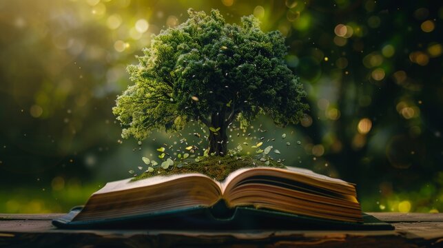 Knowledge tree with leaves that turn into pages of an open book, illustrating the continuous cycle of learning and the eternal quest for understanding 