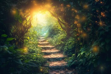Fototapeta premium Magical wonderland forest path leading to a hidden, glowing grotto, surrounded by lush greenery and illuminated by soft, ethereal light 