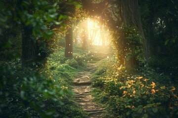 Magical wonderland forest path leading to a hidden, glowing grotto, surrounded by lush greenery and illuminated by soft, ethereal light 