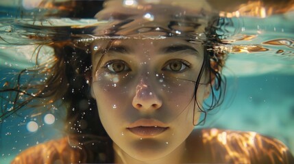 Portrait of a young woman underwater.