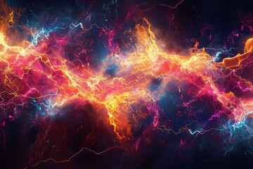 Neon light abstract resembling an electrical storm, with jagged lines and bursts of color that suggest movement and raw energy 