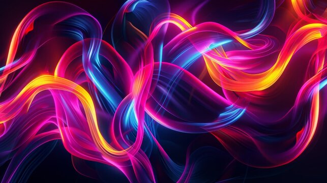 Neon light abstract with intertwining loops and spirals in vibrant colors, creating a mesmerizing and dynamic visual effect against a dark background, emphasizing movement and energy 