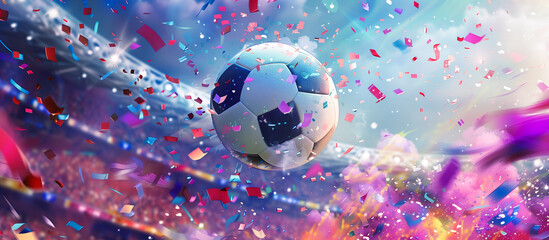 illustration Soccer ball and explosion iridescent confetti