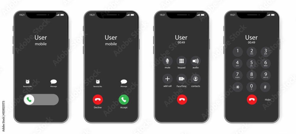 Poster Incoming call phone app on a screen. Phone calling app. Smartphone with call in screen