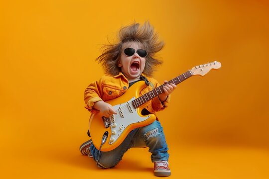 Young Boy Playing Electric Guitar on Yellow Background