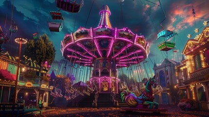 Whimsical wonderland carnival with elaborate, colorful rides and fantastical characters, capturing the joy and excitement of a magical fairground 