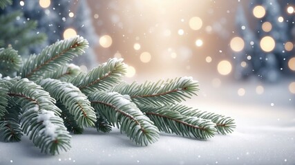  Elegant winter background with frosted spruce branches, clean snow drifts, and twinkling bokeh Christmas lights, room for text