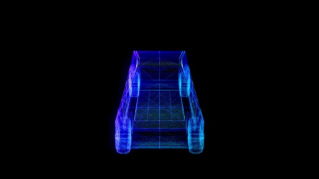 Car. Futuristic super truck. Low poly wireframe Polygonal Video Footage with connected dots and blue bright light. Electric fast car on black background. Digital 4k in cyberpunk style.