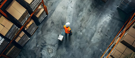 Overhead view of a worker in a warehouse environment with boxes and storage racks, emphasizing logistics and inventory management